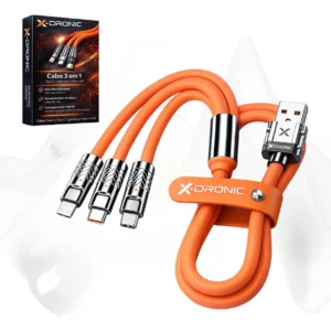 Cabo Carregador Multi USB 3 em 1 Ultra Rápido 120W 6A Cor Laranja Carregamento Turbo Conector Universal Compatível Celular Smartphone Ideal Para Uso Diário Casa Trabalho Resistente X-Dronic